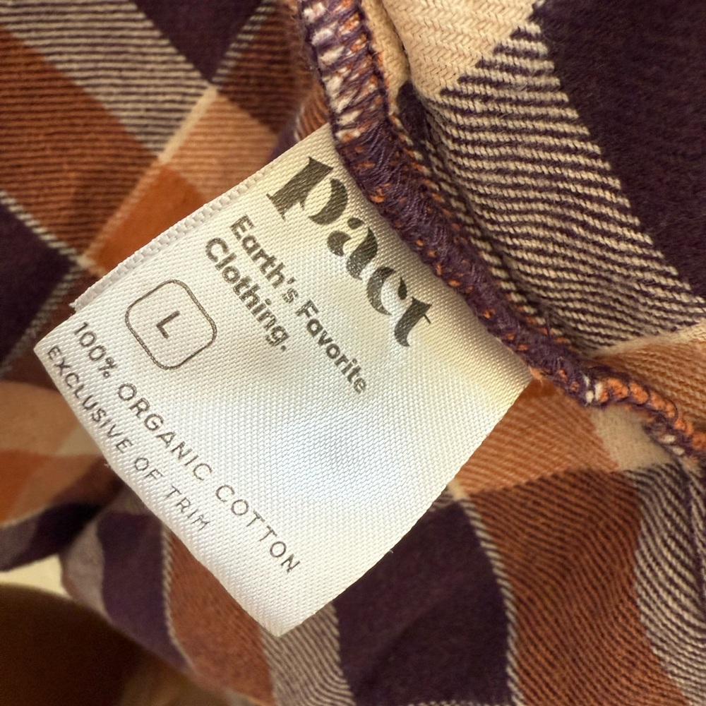 Pact Mila Organic Cotton Flannel Plaid Button Down Shirt Orange Purple Large - Picture 6 of 8